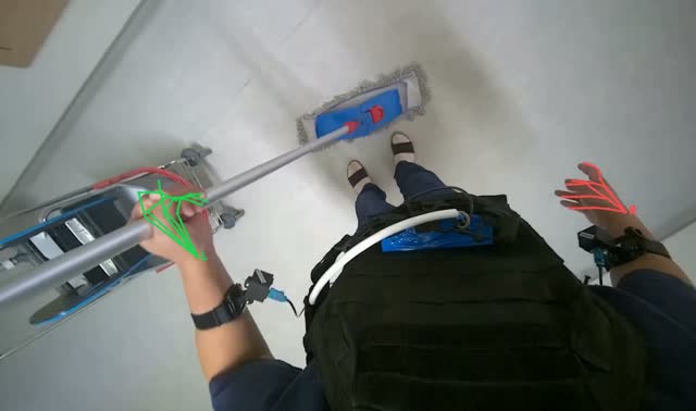 Mopping floor with flat mop: egocentric robotics sample