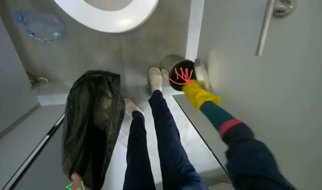 Cleaning bathroom counter and emptying trash: egocentric robotics sample