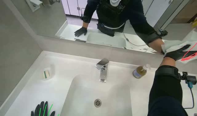 Cleaning restroom sink and mirror: egocentric robotics sample