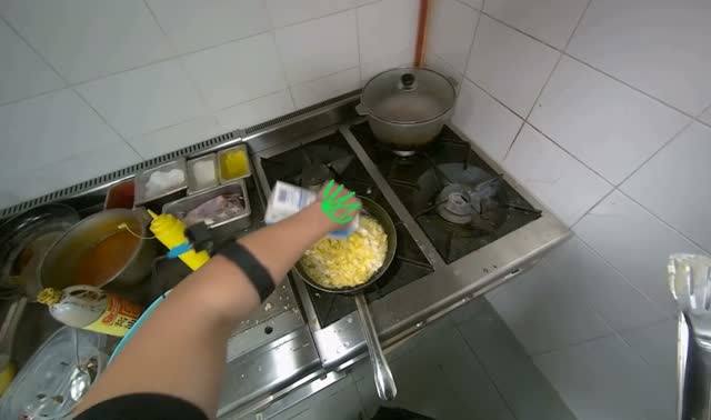 Adding liquid and stirring ingredients in pan: egocentric robotics sample