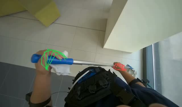 Cleaning glass wall with long-handled tool: egocentric robotics sample