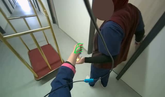 Transporting cart through hallway: egocentric robotics sample