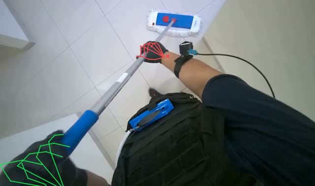 Mopping floor with flat mop: egocentric robotics sample