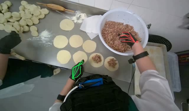 Placing meat filling onto dough circles: egocentric robotics sample