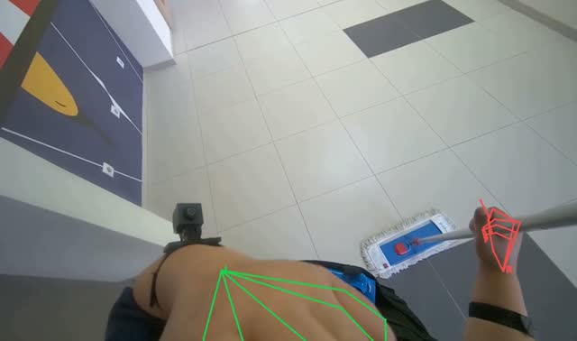 Mopping floor with flat mop: egocentric robotics sample