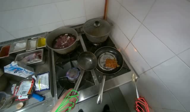 Adding ingredients and stirring pan: egocentric robotics sample