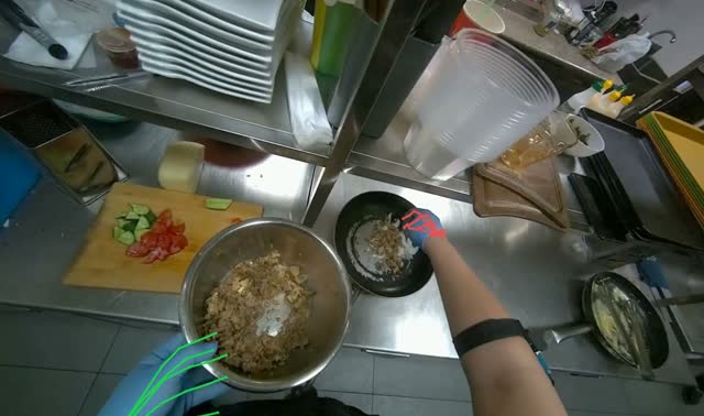 Adding minced meat to pan: egocentric robotics sample