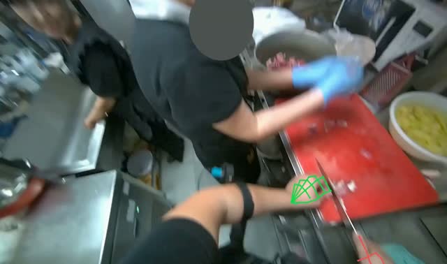 Cutting meat on chopping board: egocentric robotics sample