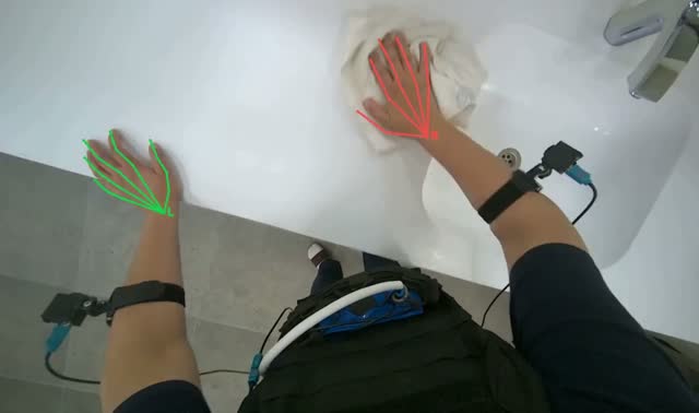 Wiping bathroom counters and sinks: egocentric robotics sample