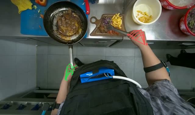 Plating meat and fries onto a board: egocentric robotics sample