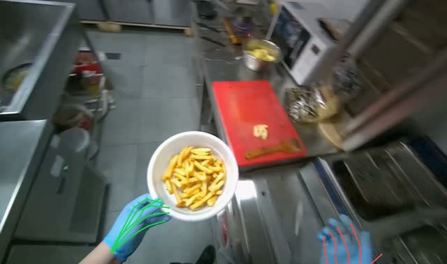 Stirring meal and taking fried potatoes from oil: egocentric robotics sample