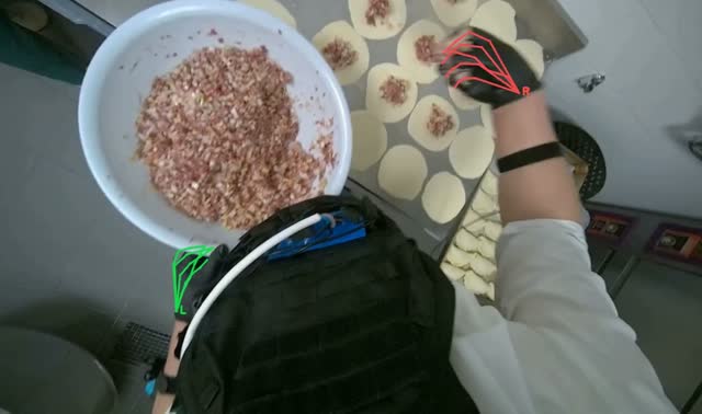 Adding meat filling to dough circles: egocentric robotics sample