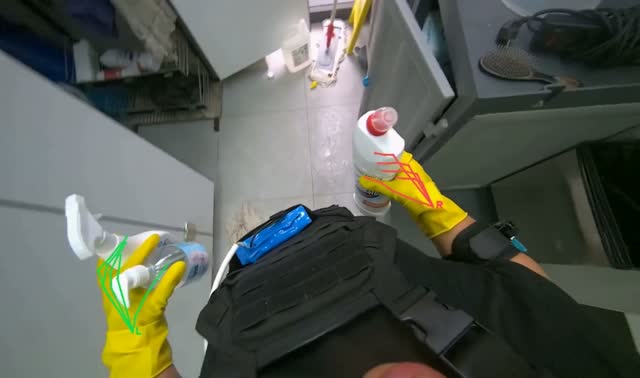 Organizing cleaning supplies on cart: egocentric robotics sample