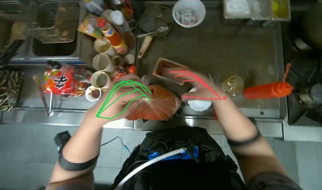 Transferring red paste into container: egocentric robotics sample