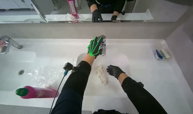 Cleaning bathroom sinks and counter: egocentric robotics sample