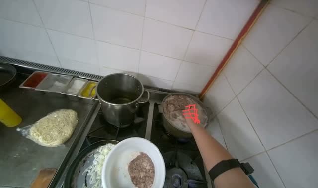 Transferring cooked meat to bowl: egocentric robotics sample